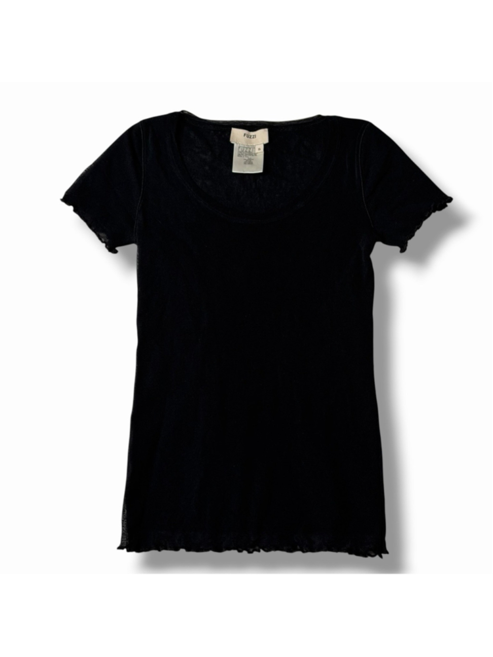 FUZZI Jean Paul Gaultier S Black Mesh Baby Tee Lettuce Hem Top Blouse EXCELLENT